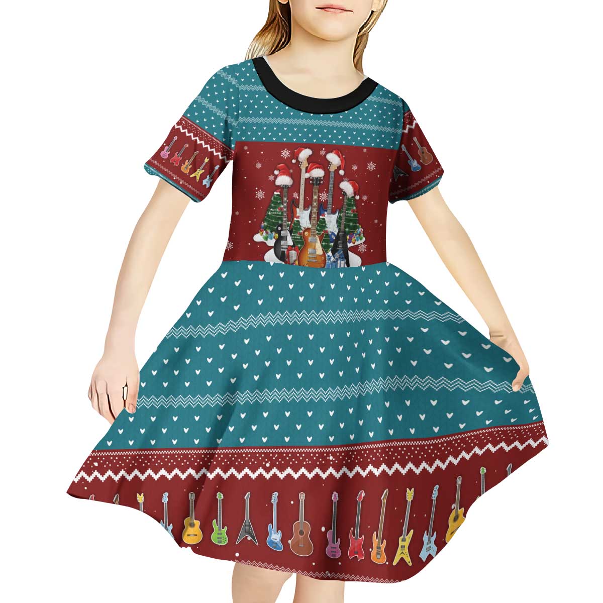 Christmas Guitar Kid Short Sleeve Dress with Santa Hats Trees Snowflakes and Musical Pattern - Wonder Print Shop