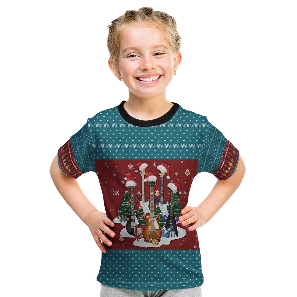 Christmas Guitar Kid T Shirt with Santa Hats Trees Snowflakes and Musical Pattern - Wonder Print Shop