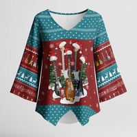 Christmas Guitar Kimono Sleeve Blouse with Santa Hats Trees Snowflakes and Musical Pattern - Wonder Print Shop