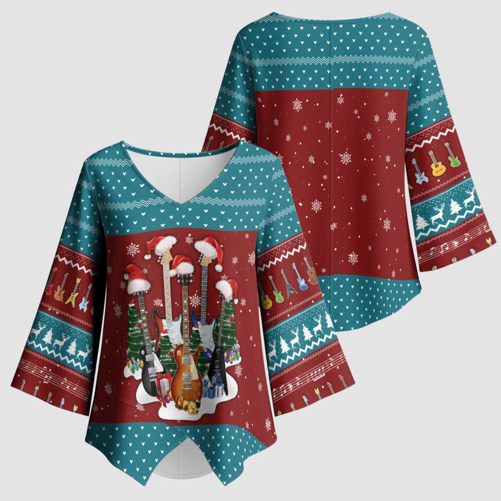 Christmas Guitar Kimono Sleeve Blouse with Santa Hats Trees Snowflakes and Musical Pattern - Wonder Print Shop