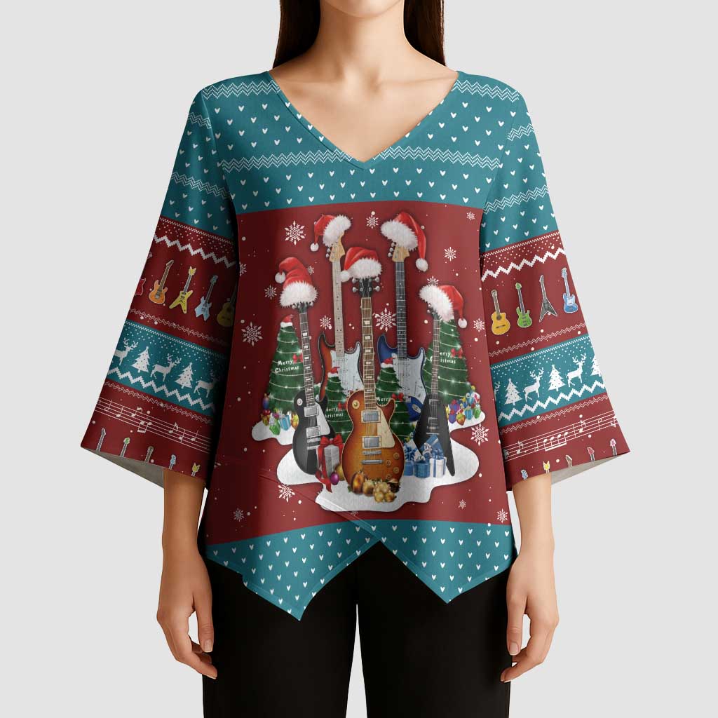 Christmas Guitar Kimono Sleeve Blouse with Santa Hats Trees Snowflakes and Musical Pattern - Wonder Print Shop