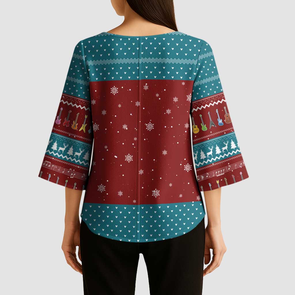 Christmas Guitar Kimono Sleeve Blouse with Santa Hats Trees Snowflakes and Musical Pattern - Wonder Print Shop