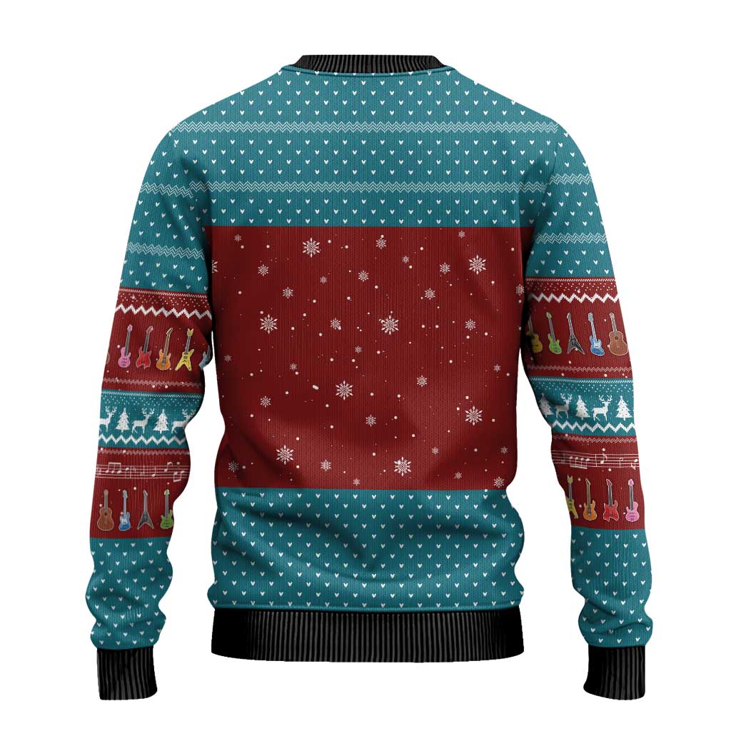 Christmas Guitar Ugly Christmas Sweater with Santa Hats Trees Snowflakes and Musical Pattern - Wonder Print Shop