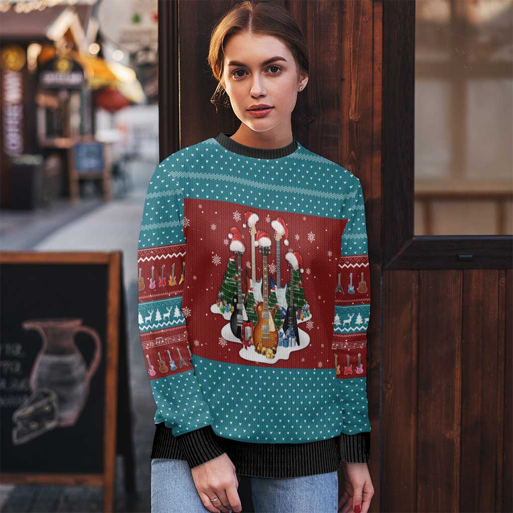 Christmas Guitar Ugly Christmas Sweater with Santa Hats Trees Snowflakes and Musical Pattern - Wonder Print Shop