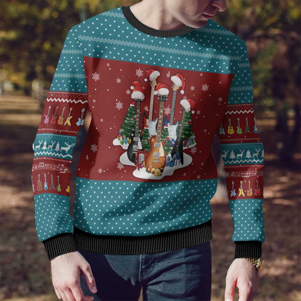 Christmas Guitar Ugly Christmas Sweater with Santa Hats Trees Snowflakes and Musical Pattern - Wonder Print Shop