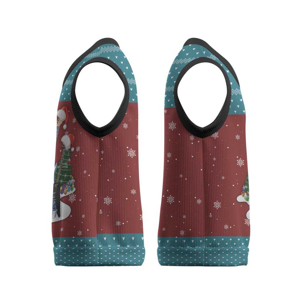 Christmas Guitar Christmas Knitted V-Neck Vest with Santa Hats Trees Snowflakes and Musical Pattern - Wonder Print Shop