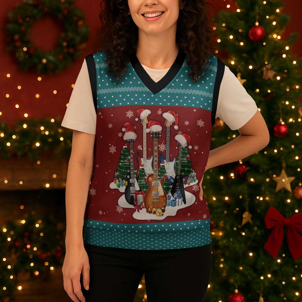 Christmas Guitar Christmas Knitted V-Neck Vest with Santa Hats Trees Snowflakes and Musical Pattern - Wonder Print Shop