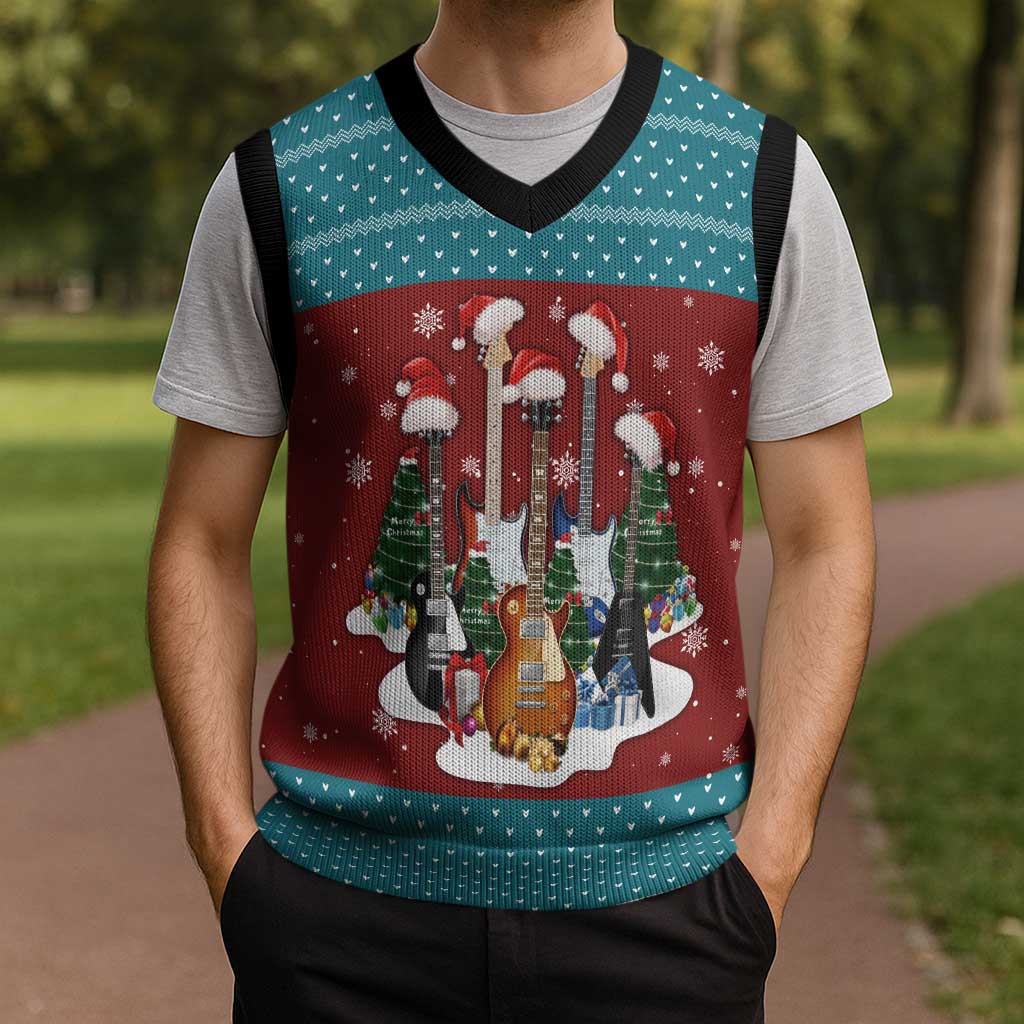 Christmas Guitar Christmas Knitted V-Neck Vest with Santa Hats Trees Snowflakes and Musical Pattern - Wonder Print Shop