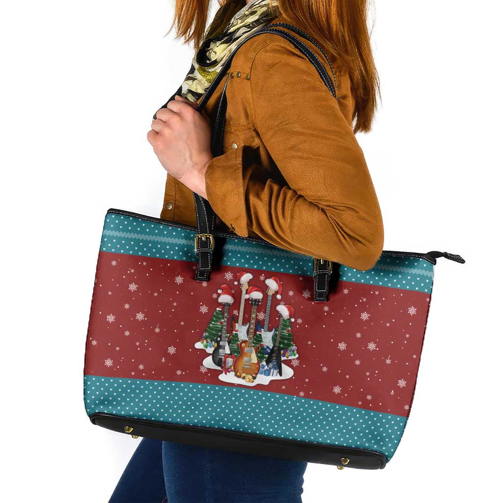Christmas Guitar Leather Tote Bag with Santa Hats Trees Snowflakes and Musical Pattern - Wonder Print Shop
