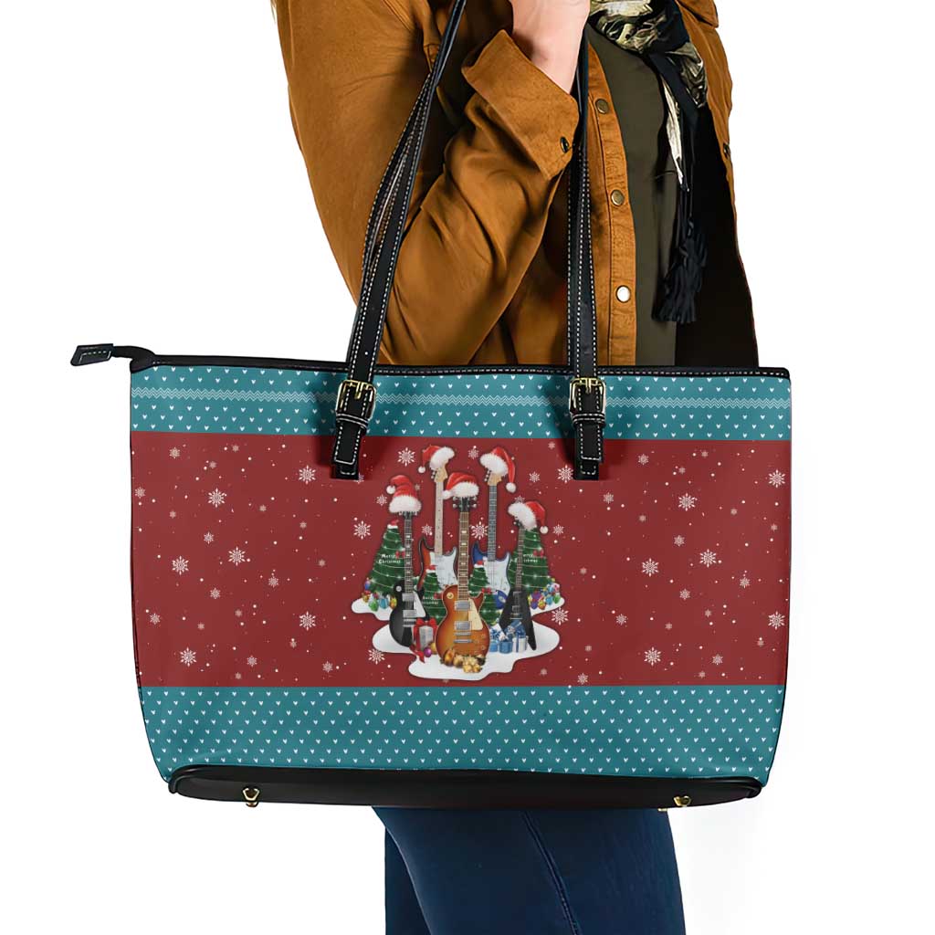 Christmas Guitar Leather Tote Bag with Santa Hats Trees Snowflakes and Musical Pattern - Wonder Print Shop