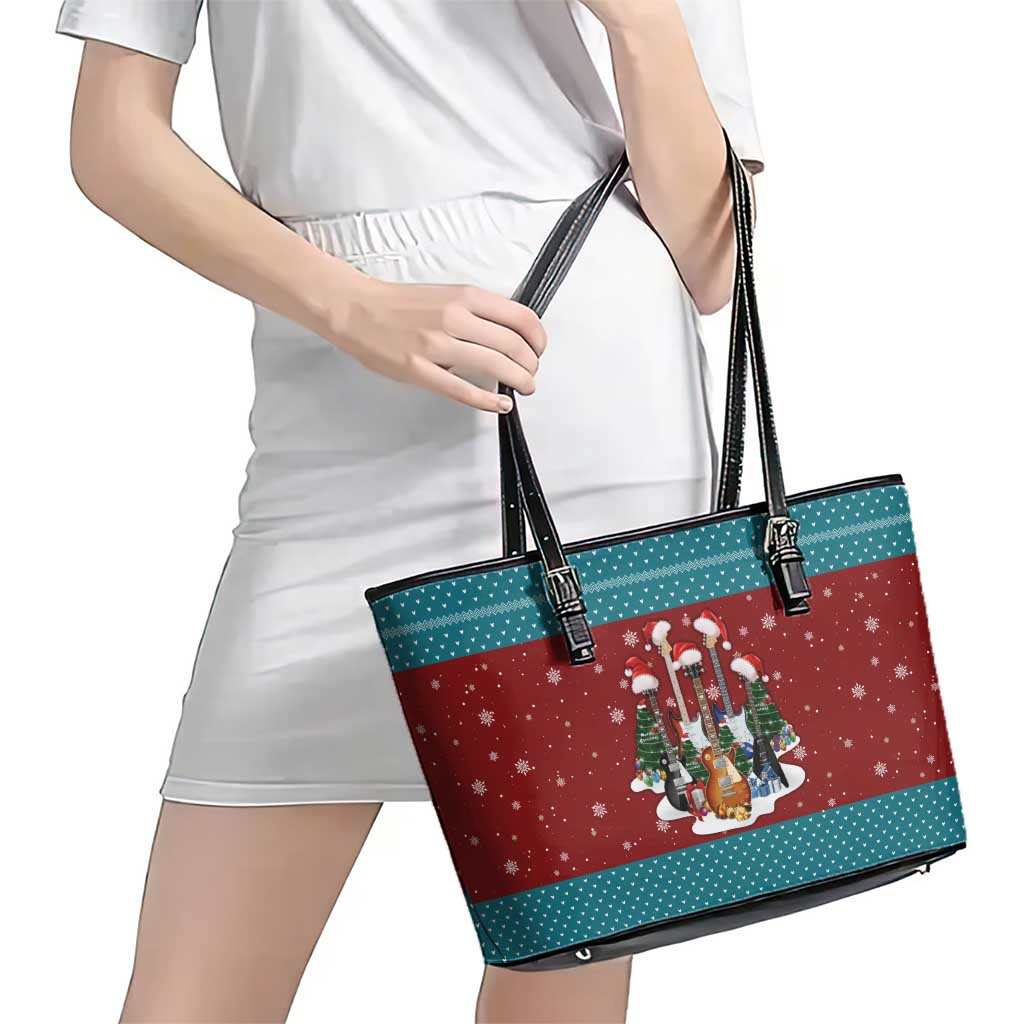 Christmas Guitar Leather Tote Bag with Santa Hats Trees Snowflakes and Musical Pattern - Wonder Print Shop