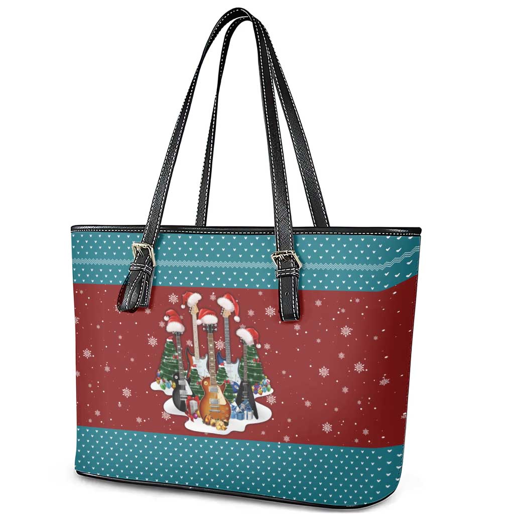 Christmas Guitar Leather Tote Bag with Santa Hats Trees Snowflakes and Musical Pattern - Wonder Print Shop
