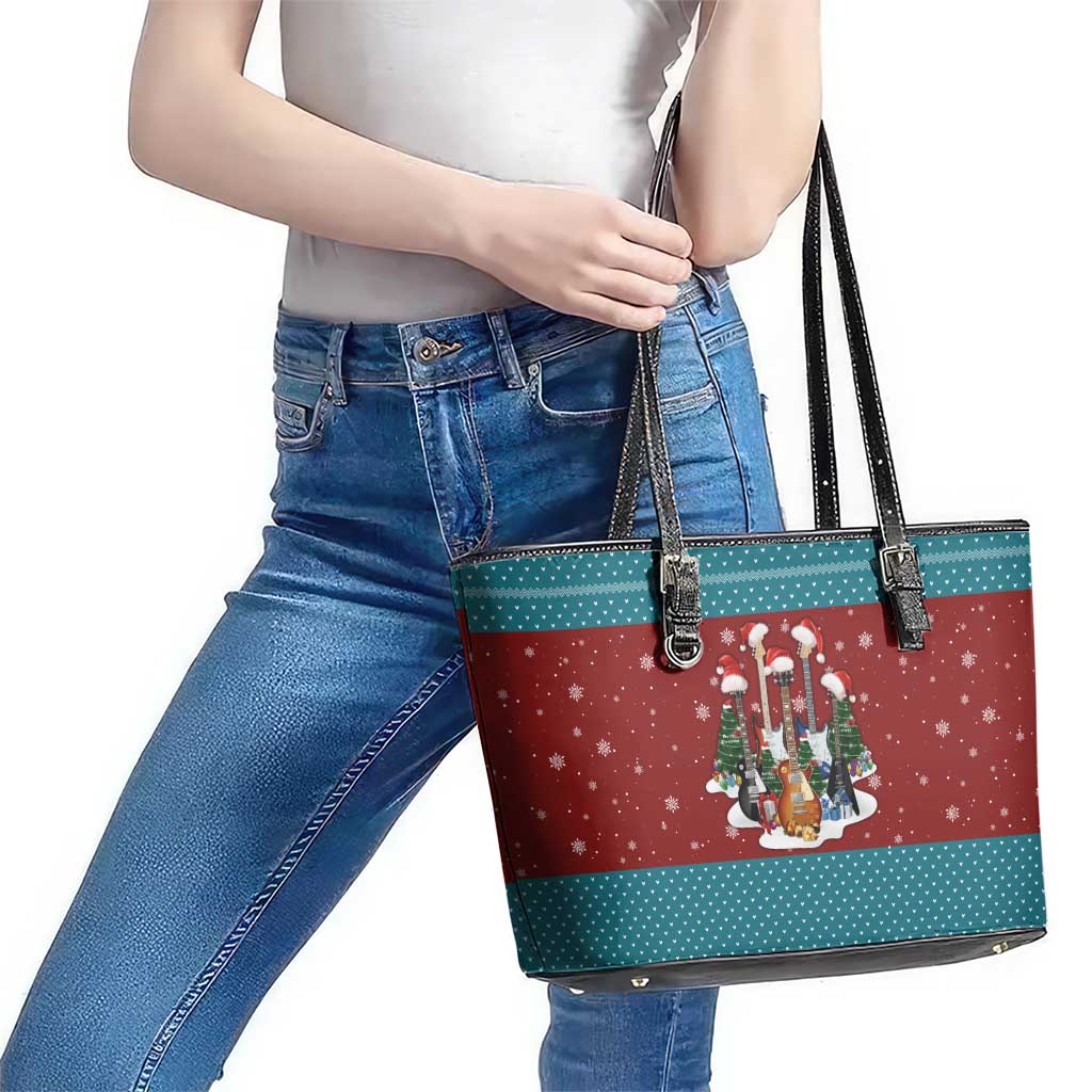Christmas Guitar Leather Tote Bag with Santa Hats Trees Snowflakes and Musical Pattern - Wonder Print Shop