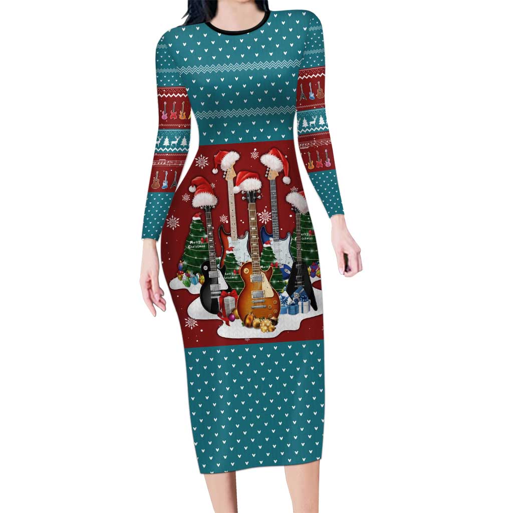 Christmas Guitar Long Sleeve Bodycon Dress with Santa Hats Trees Snowflakes and Musical Pattern - Wonder Print Shop