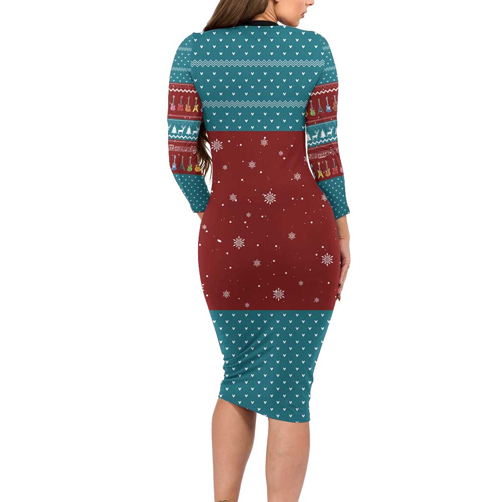 Christmas Guitar Long Sleeve Bodycon Dress with Santa Hats Trees Snowflakes and Musical Pattern - Wonder Print Shop