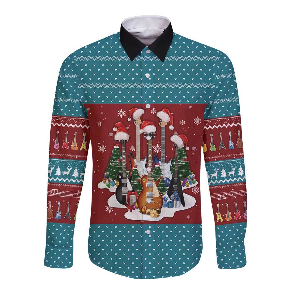Christmas Guitar Long Sleeve Button Shirt with Santa Hats Trees Snowflakes and Musical Pattern - Wonder Print Shop
