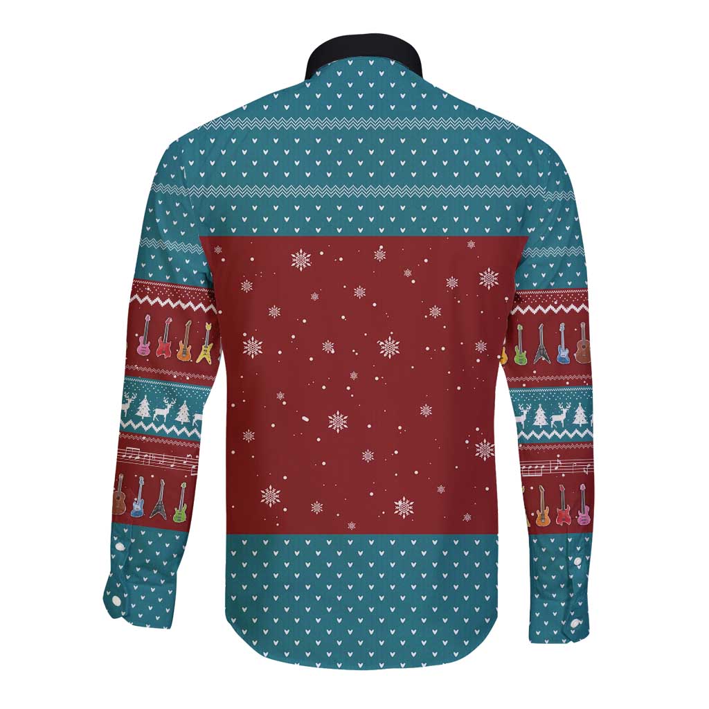 Christmas Guitar Long Sleeve Button Shirt with Santa Hats Trees Snowflakes and Musical Pattern - Wonder Print Shop