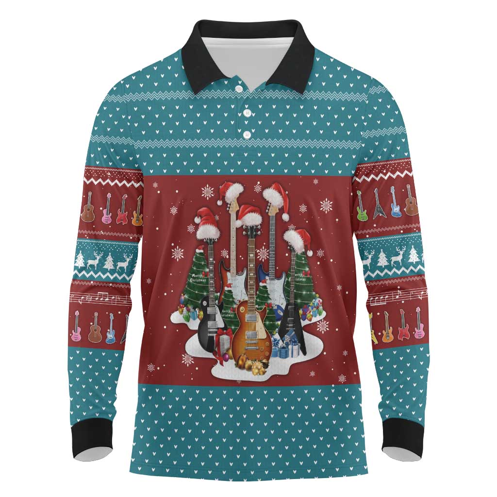 Christmas Guitar Long Sleeve Polo Shirt with Santa Hats Trees Snowflakes and Musical Pattern - Wonder Print Shop