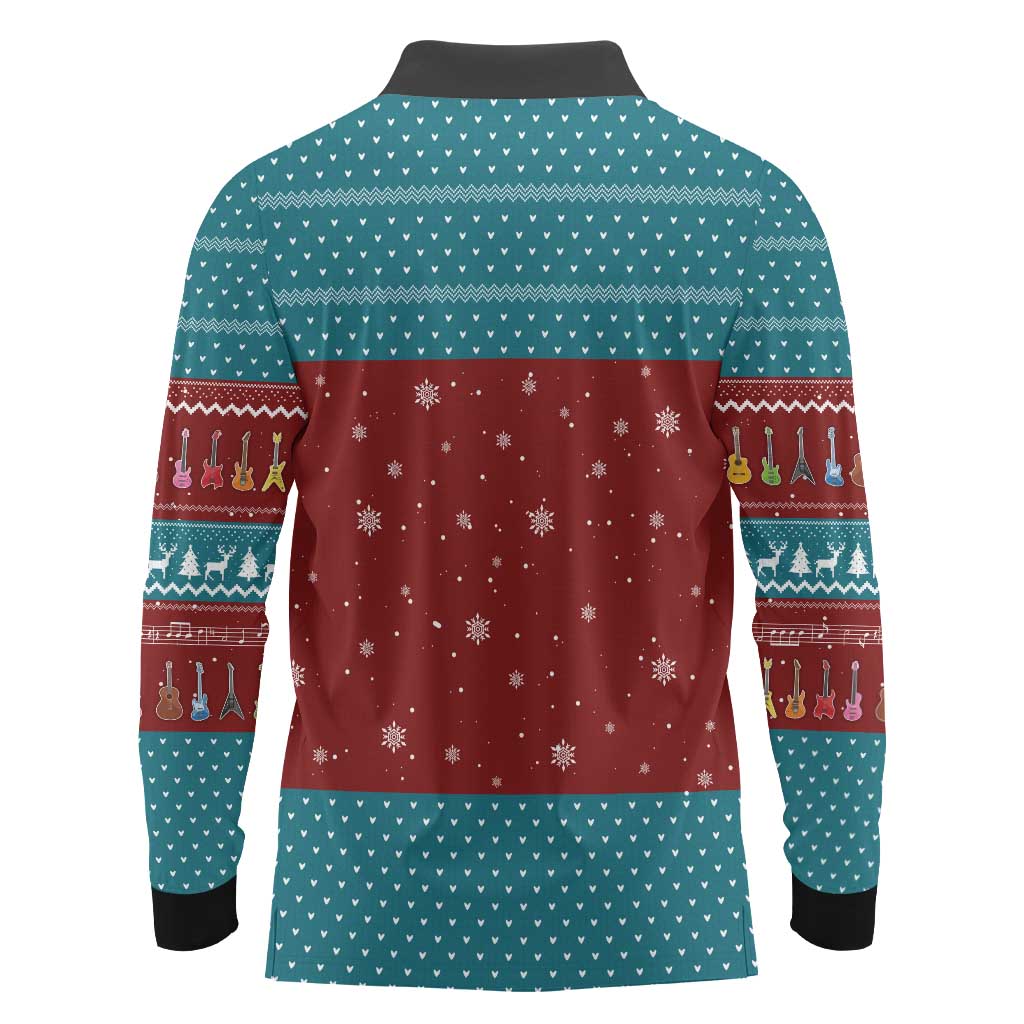 Christmas Guitar Long Sleeve Polo Shirt with Santa Hats Trees Snowflakes and Musical Pattern - Wonder Print Shop