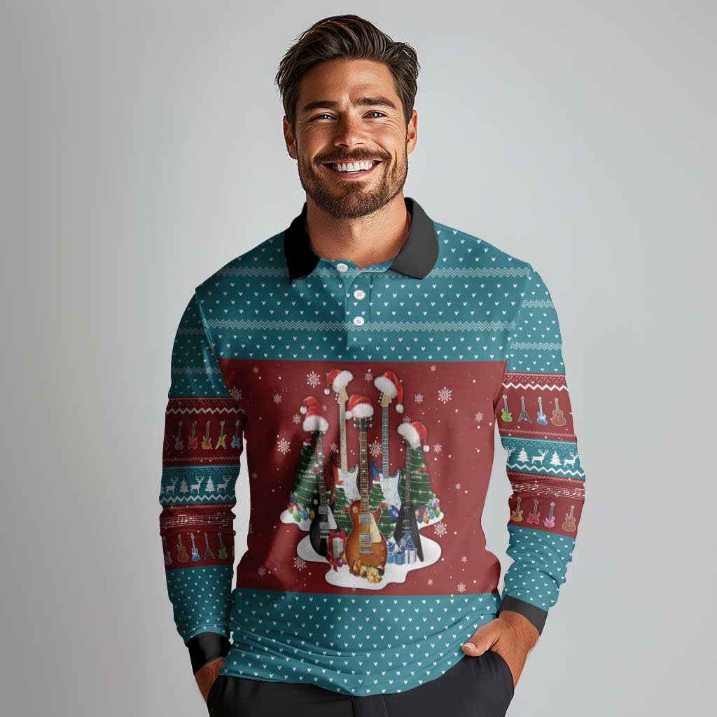 Christmas Guitar Long Sleeve Polo Shirt with Santa Hats Trees Snowflakes and Musical Pattern - Wonder Print Shop