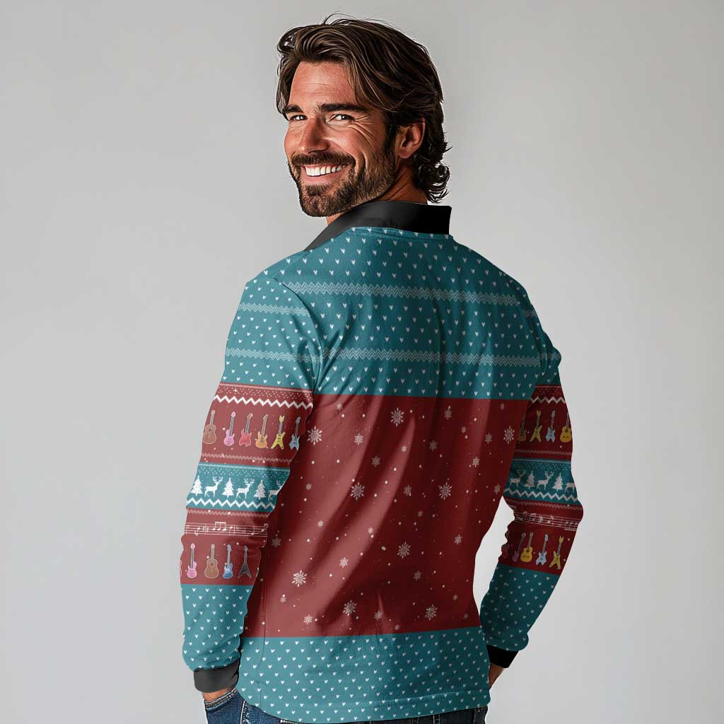 Christmas Guitar Long Sleeve Polo Shirt with Santa Hats Trees Snowflakes and Musical Pattern - Wonder Print Shop