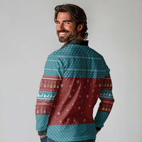 Christmas Guitar Long Sleeve Polo Shirt with Santa Hats Trees Snowflakes and Musical Pattern - Wonder Print Shop