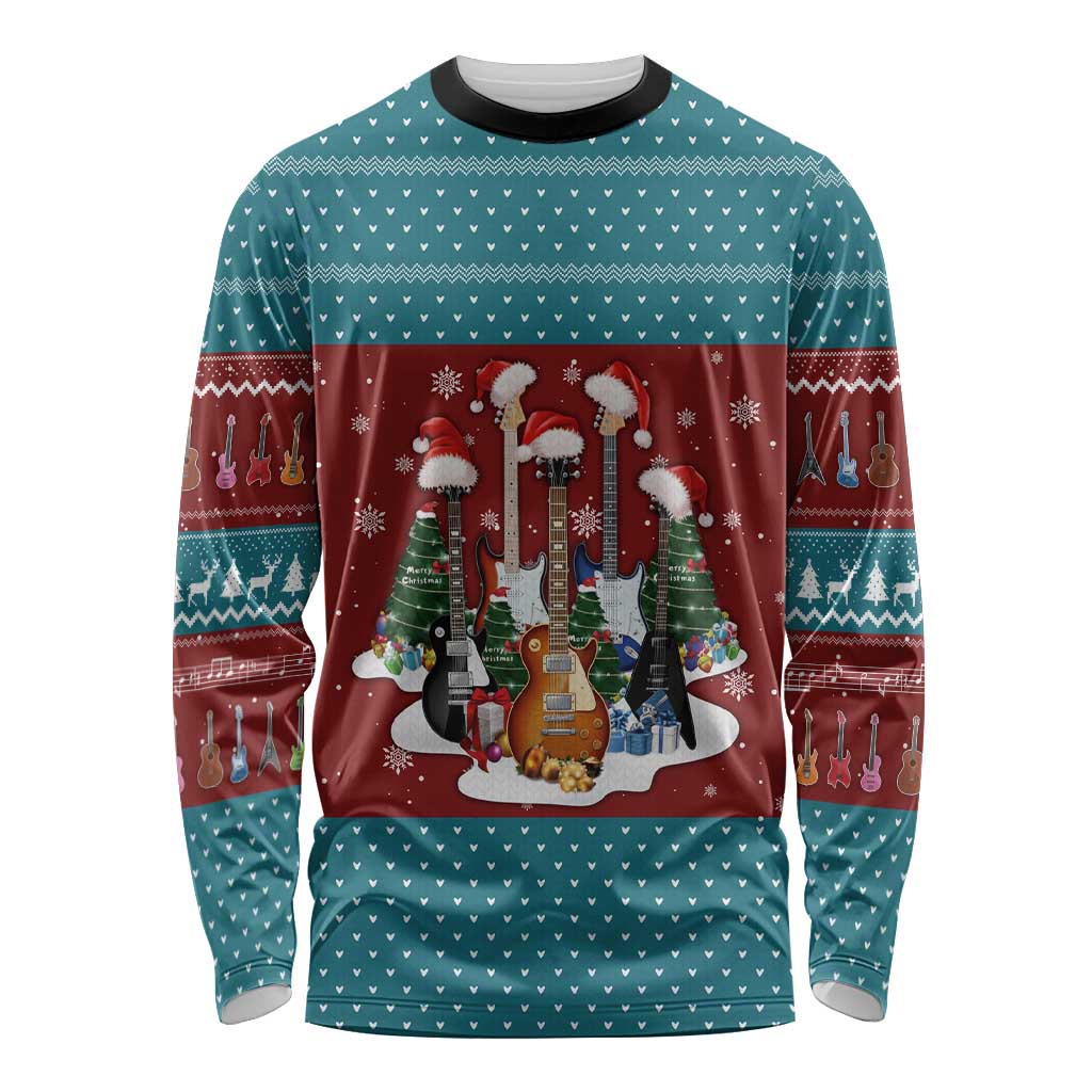 Christmas Guitar Long Sleeve Shirt with Santa Hats Trees Snowflakes and Musical Pattern - Wonder Print Shop