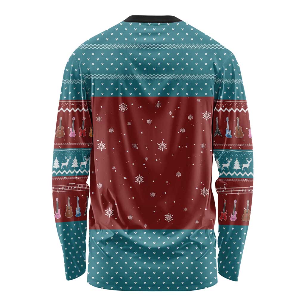 Christmas Guitar Long Sleeve Shirt with Santa Hats Trees Snowflakes and Musical Pattern - Wonder Print Shop