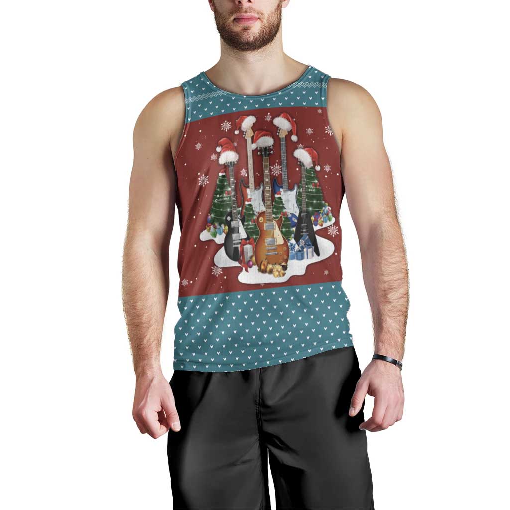Christmas Guitar Men Tank Top with Santa Hats Trees Snowflakes and Musical Pattern - Wonder Print Shop