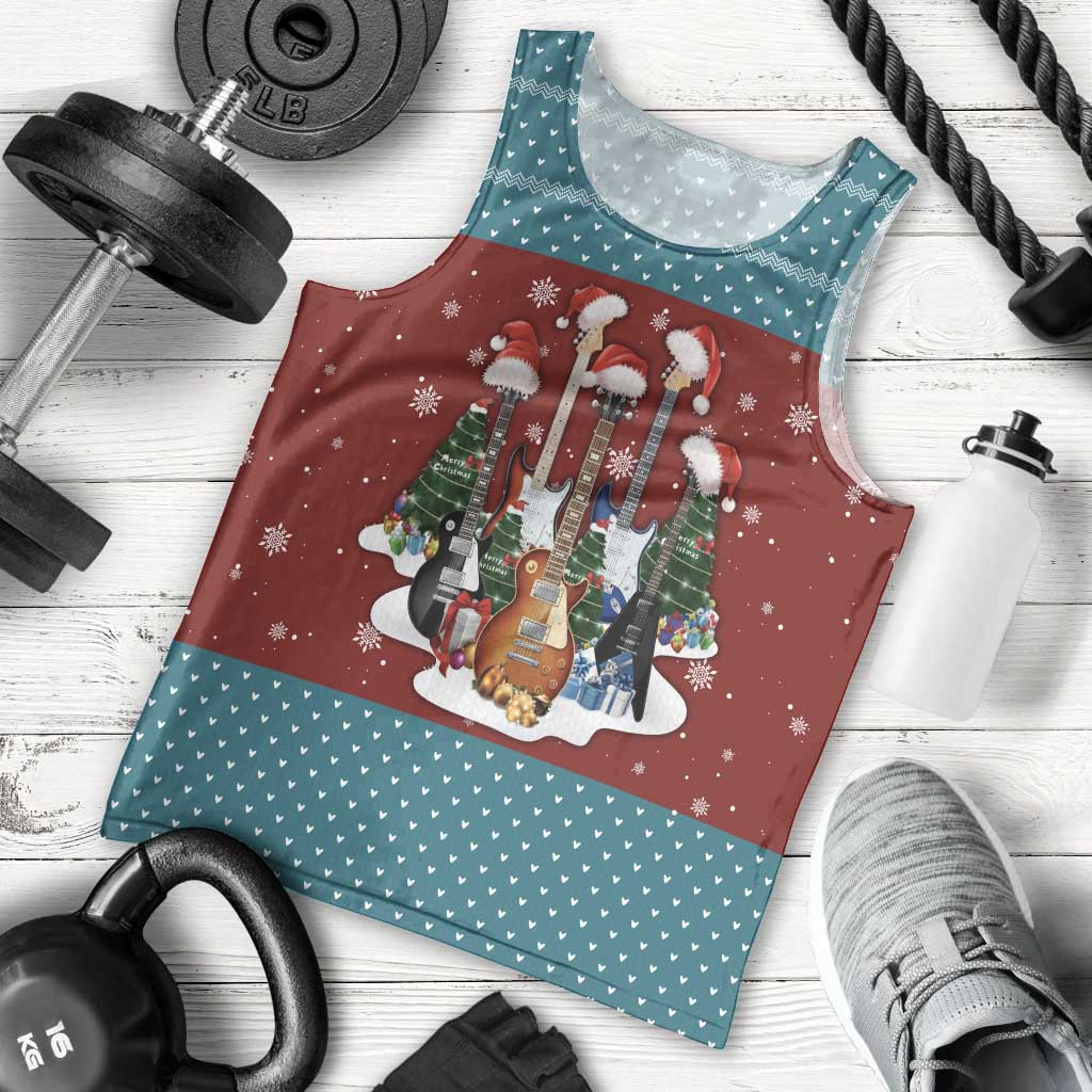 Christmas Guitar Men Tank Top with Santa Hats Trees Snowflakes and Musical Pattern - Wonder Print Shop