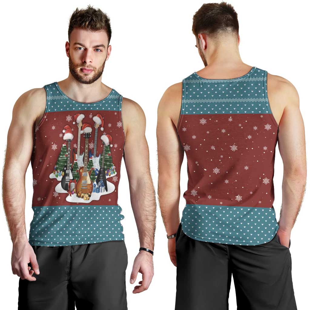 Christmas Guitar Men Tank Top with Santa Hats Trees Snowflakes and Musical Pattern - Wonder Print Shop