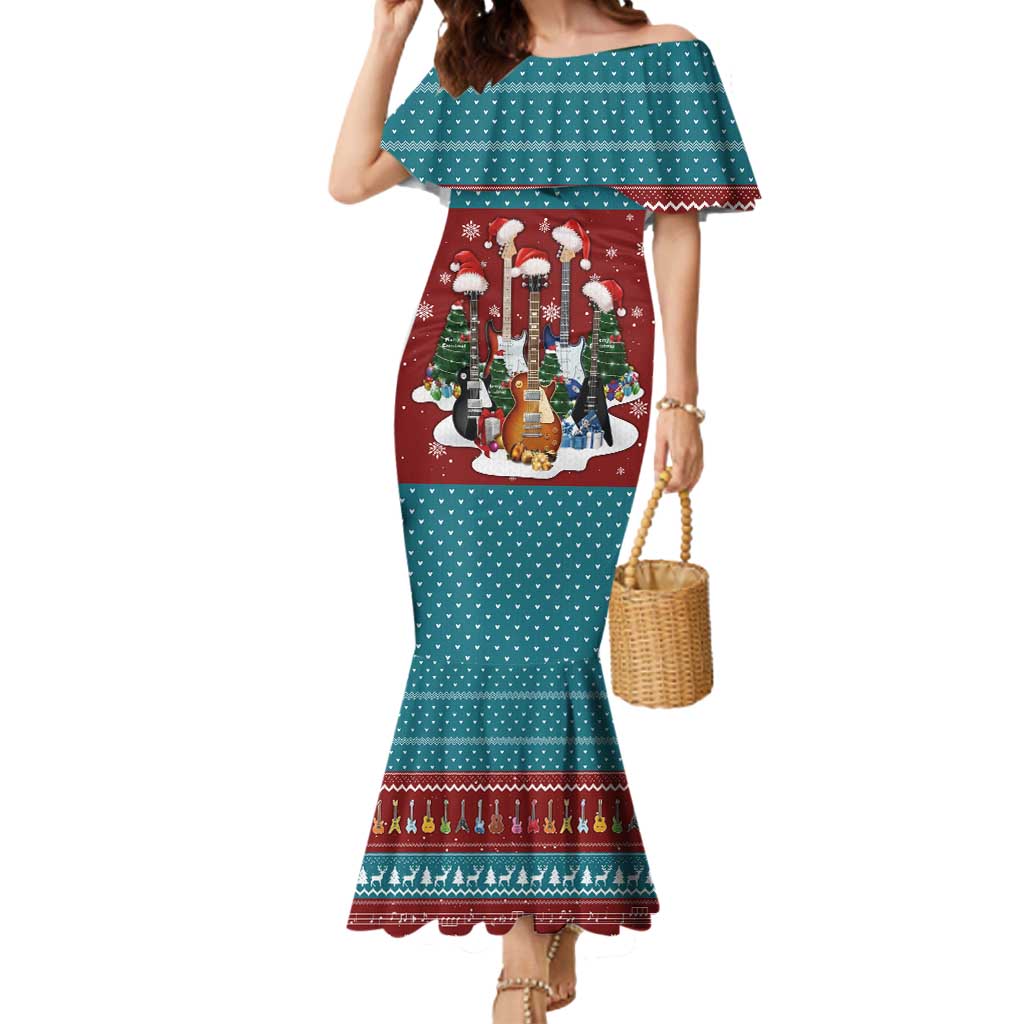 Christmas Guitar Mermaid Dress with Santa Hats Trees Snowflakes and Musical Pattern - Wonder Print Shop