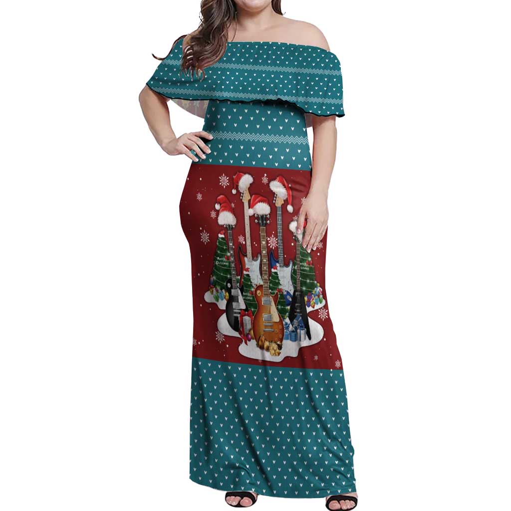 Christmas Guitar Off Shoulder Maxi Dress with Santa Hats Trees Snowflakes and Musical Pattern - Wonder Print Shop