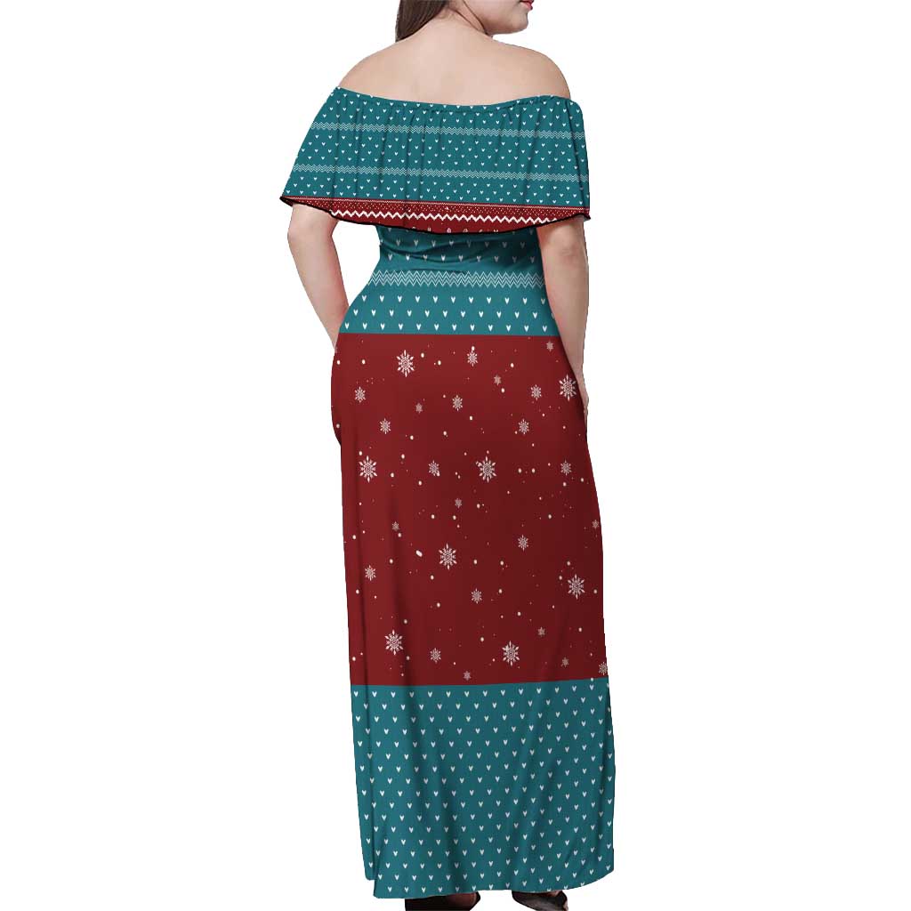 Christmas Guitar Off Shoulder Maxi Dress with Santa Hats Trees Snowflakes and Musical Pattern - Wonder Print Shop