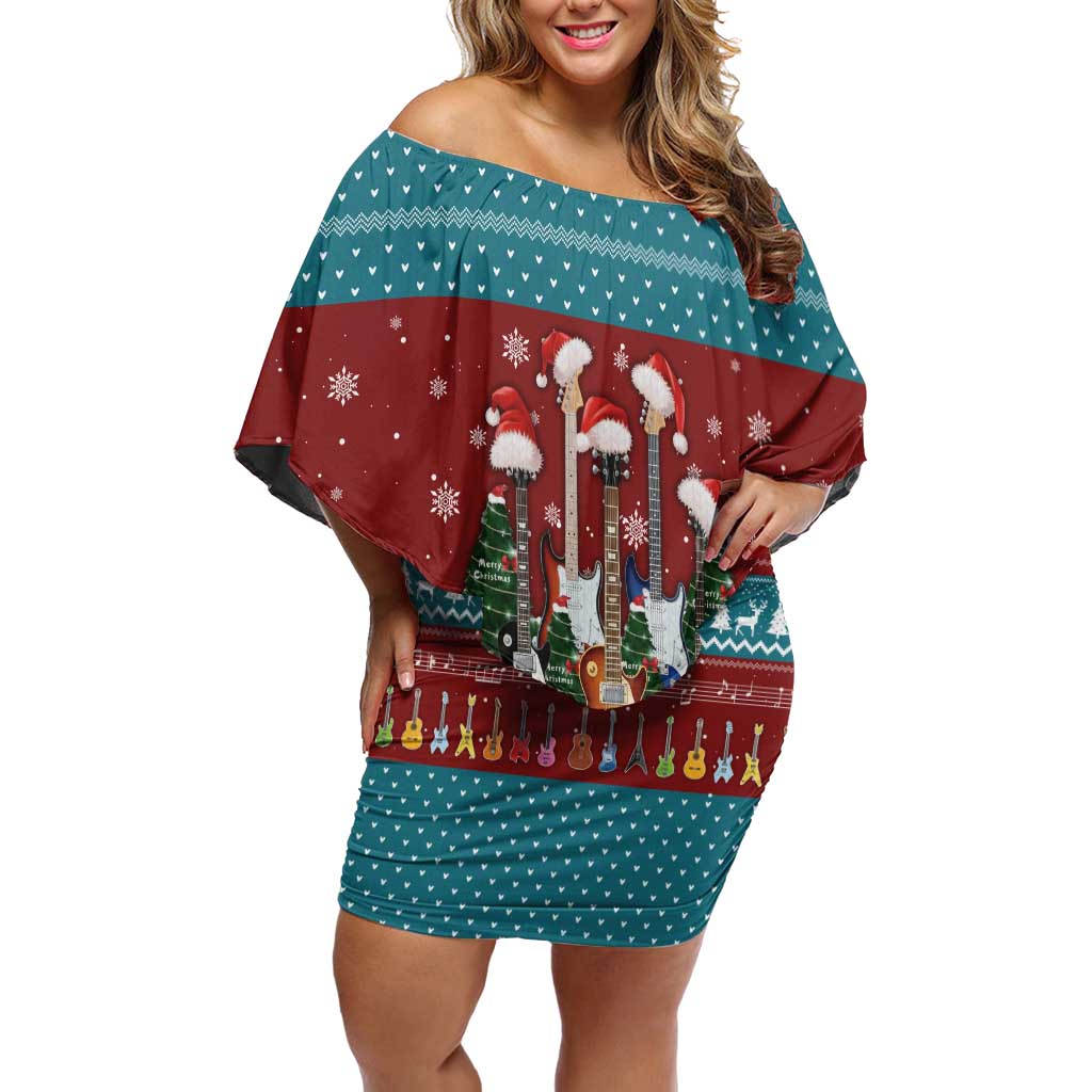 Christmas Guitar Off Shoulder Short Dress with Santa Hats Trees Snowflakes and Musical Pattern - Wonder Print Shop