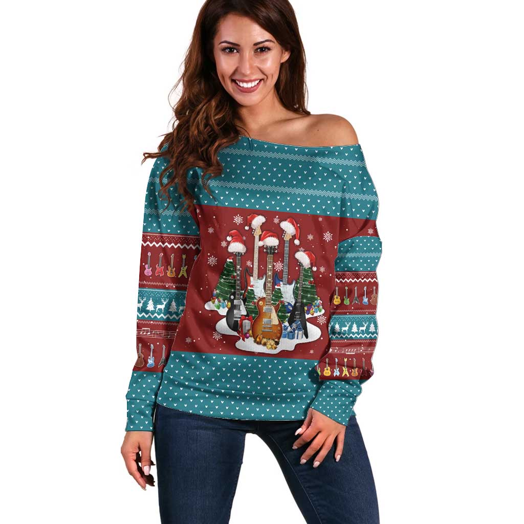 Christmas Guitar Off Shoulder Sweater with Santa Hats Trees Snowflakes and Musical Pattern - Wonder Print Shop