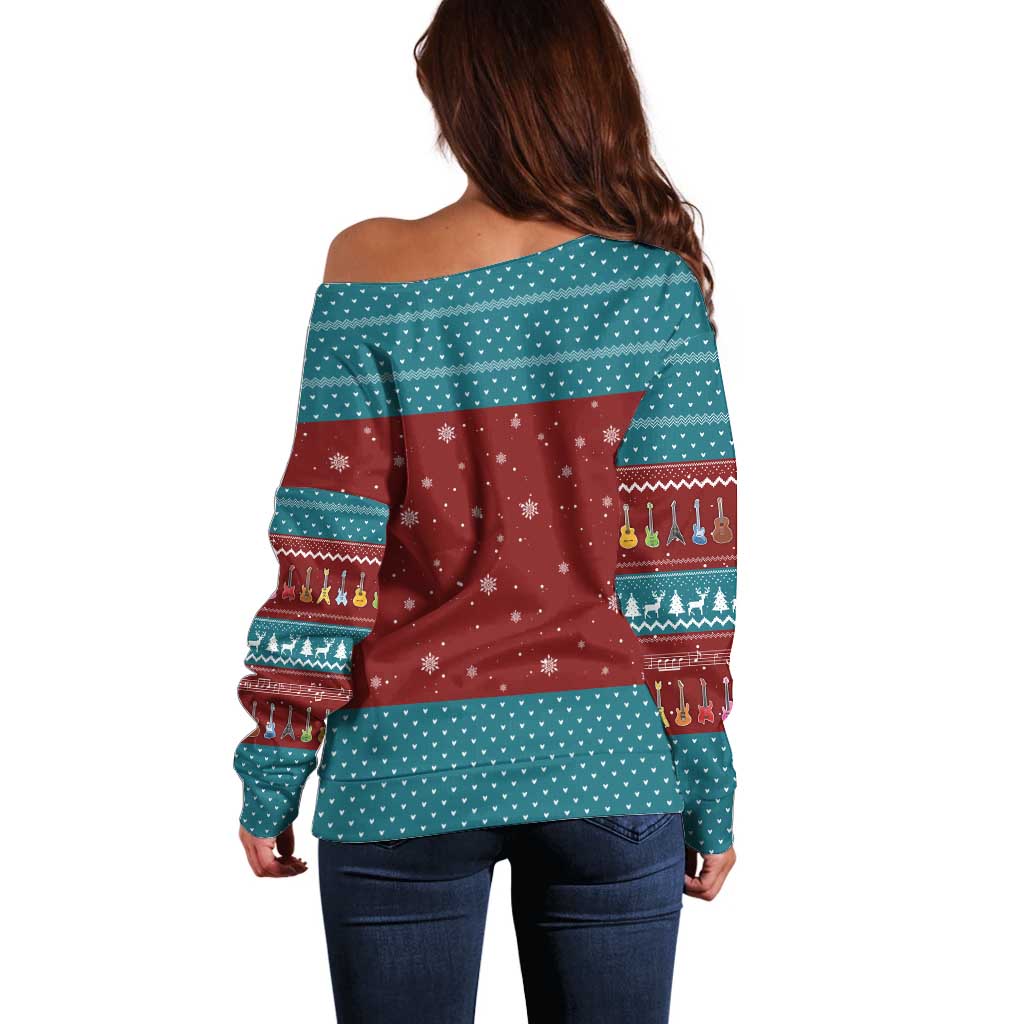 Christmas Guitar Off Shoulder Sweater with Santa Hats Trees Snowflakes and Musical Pattern - Wonder Print Shop