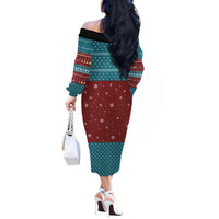 Christmas Guitar Off The Shoulder Long Sleeve Dress with Santa Hats Trees Snowflakes and Musical Pattern - Wonder Print Shop
