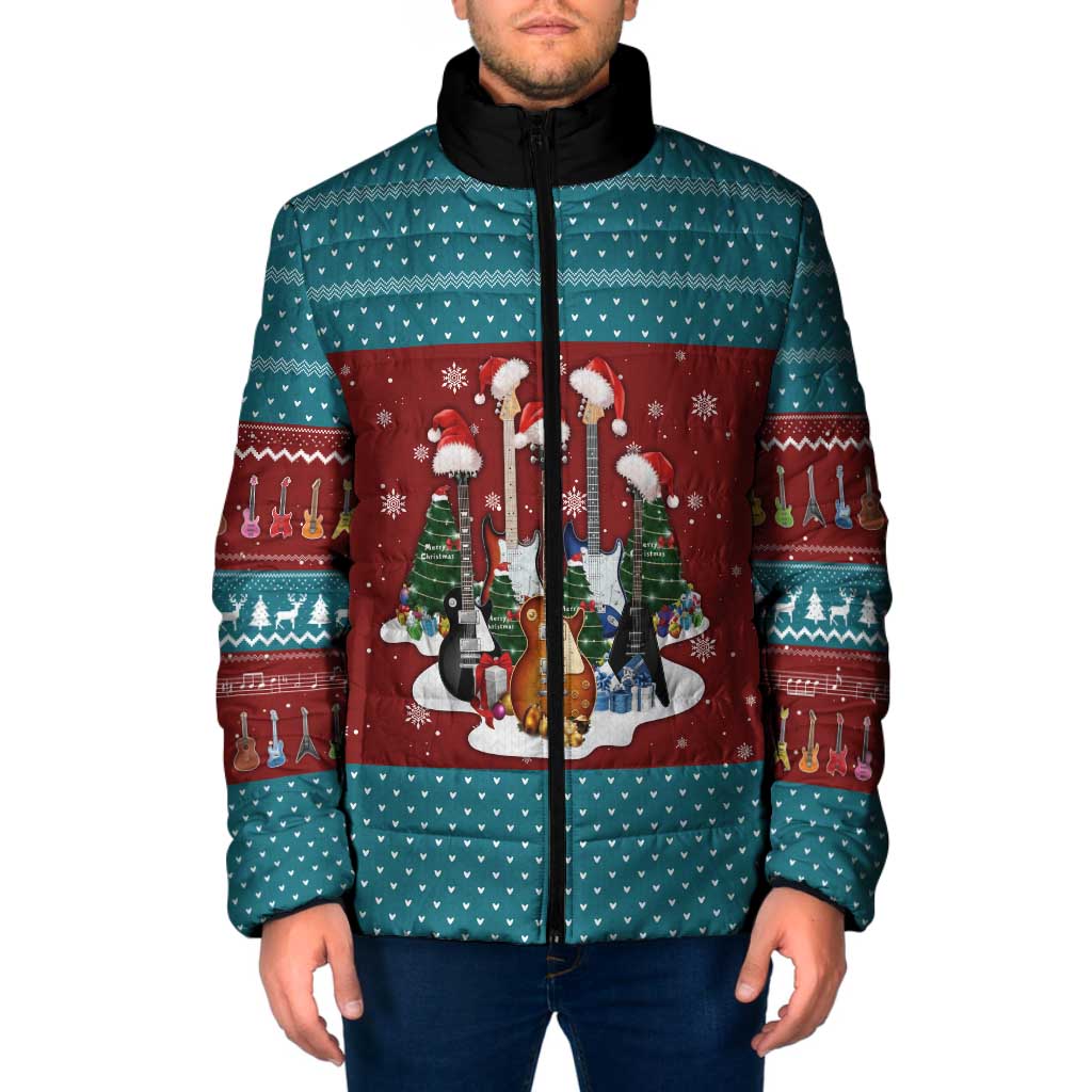 Christmas Guitar Padded Jacket with Santa Hats Trees Snowflakes and Musical Pattern - Wonder Print Shop