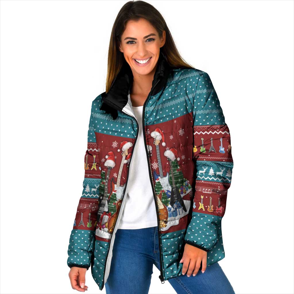 Christmas Guitar Padded Jacket with Santa Hats Trees Snowflakes and Musical Pattern - Wonder Print Shop