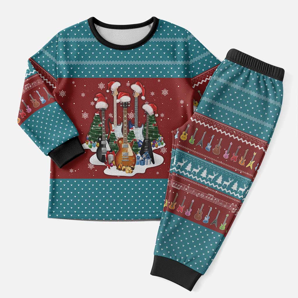 Christmas Guitar Christmas Pajama Set with Santa Hats Trees Snowflakes and Musical Pattern - Wonder Print Shop