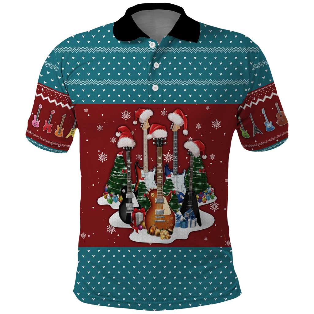 Christmas Guitar Polo Shirt with Santa Hats Trees Snowflakes and Musical Pattern - Wonder Print Shop