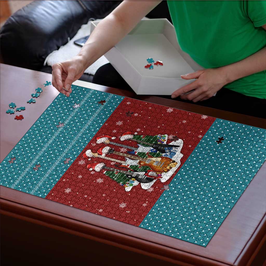 Christmas Guitar Puzzle with Santa Hats Trees Snowflakes and Musical Pattern - Wonder Print Shop