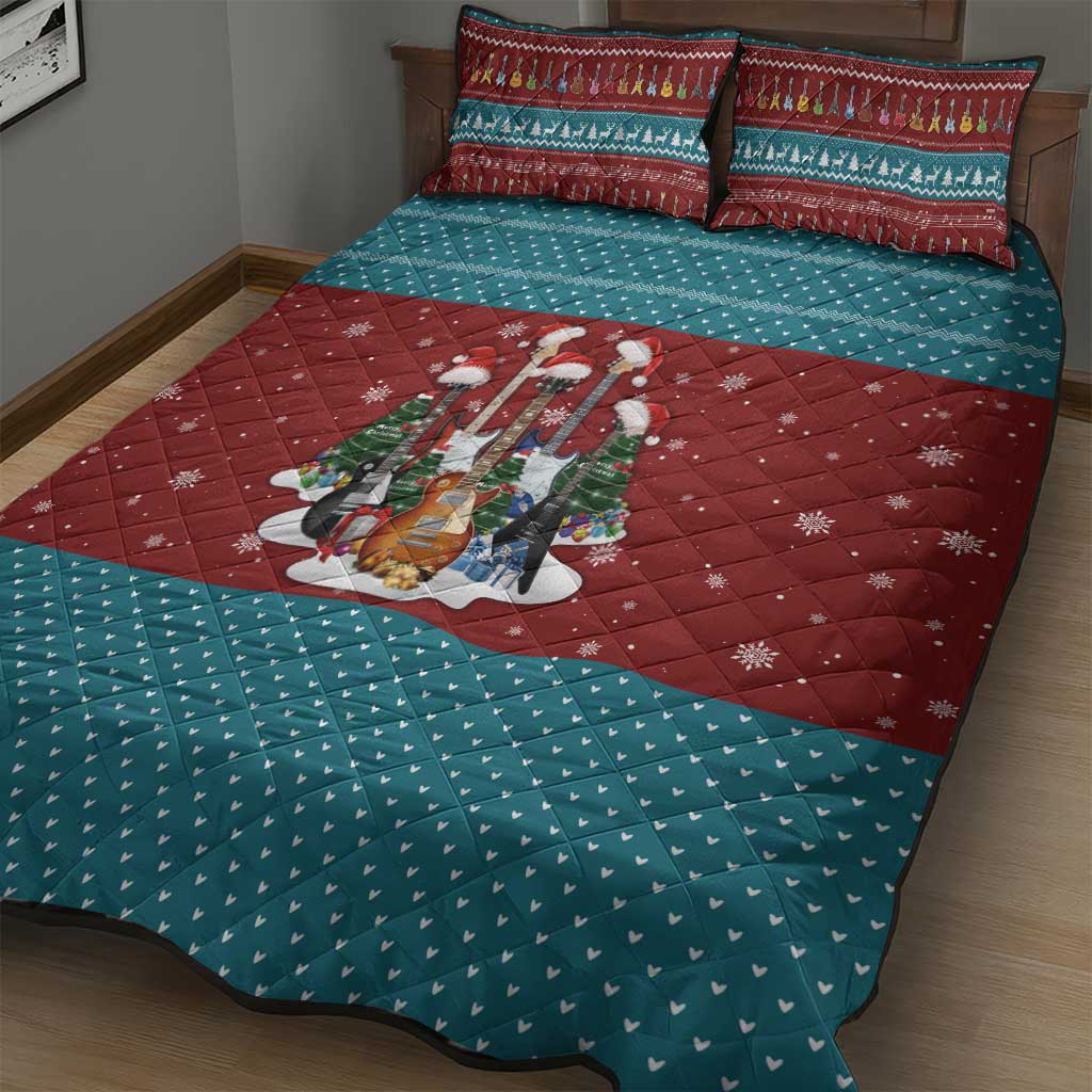 Christmas Guitar Quilt Bed Set with Santa Hats Trees Snowflakes and Musical Pattern - Wonder Print Shop