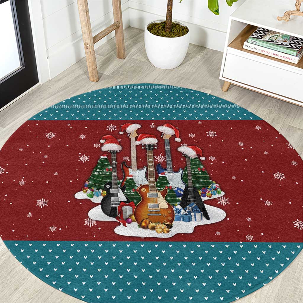 Christmas Guitar Round Carpet with Santa Hats Trees Snowflakes and Musical Pattern - Wonder Print Shop