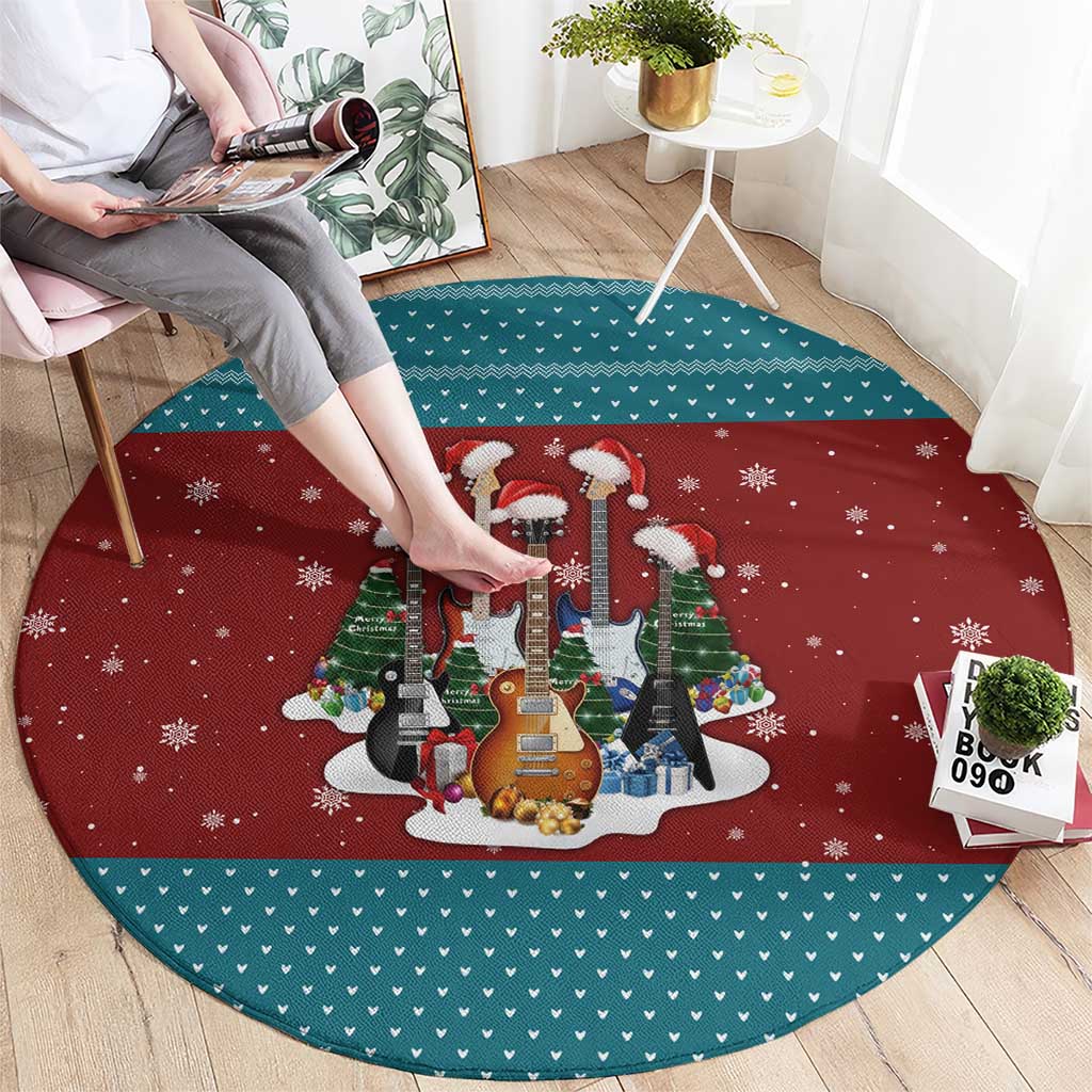 Christmas Guitar Round Carpet with Santa Hats Trees Snowflakes and Musical Pattern - Wonder Print Shop