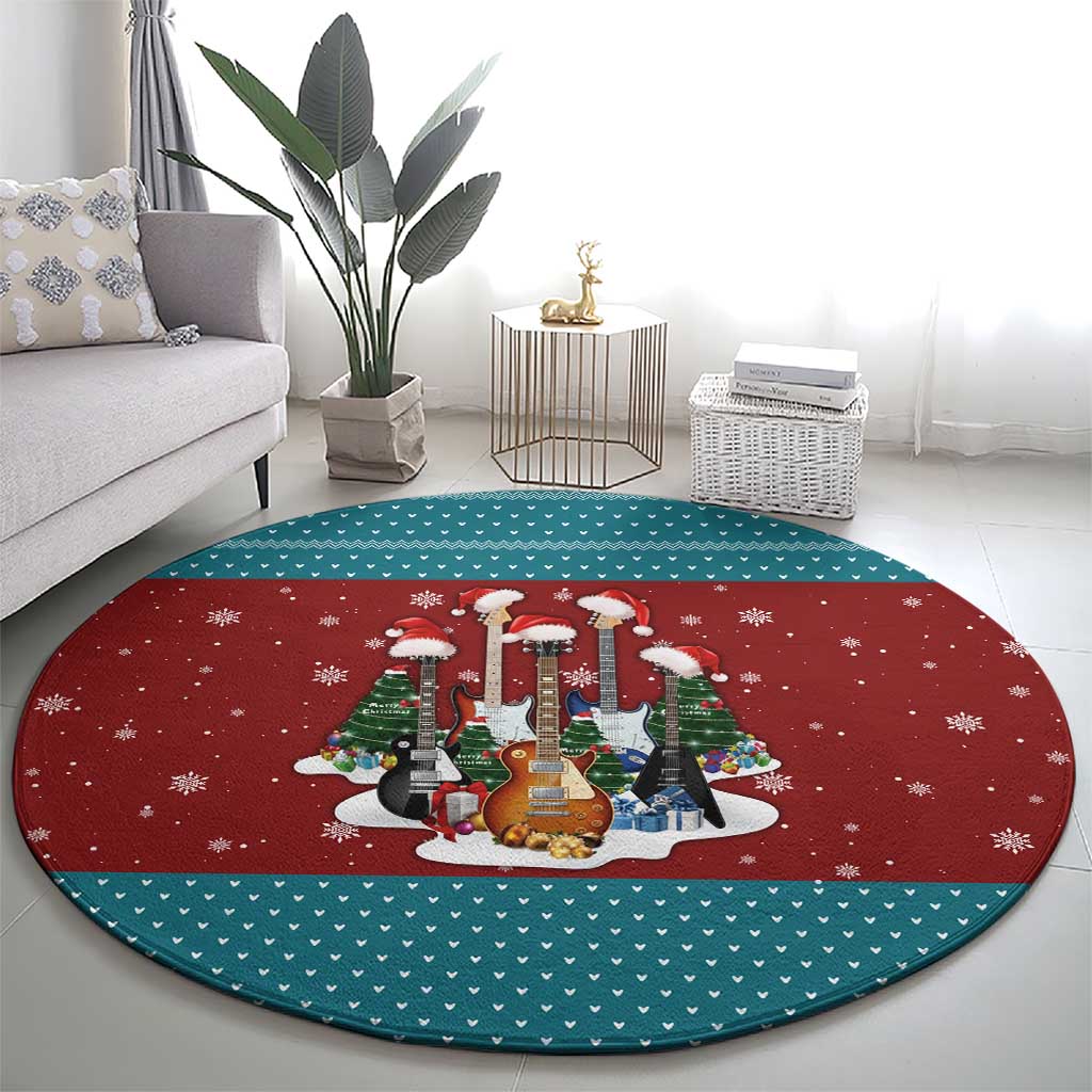 Christmas Guitar Round Carpet with Santa Hats Trees Snowflakes and Musical Pattern - Wonder Print Shop