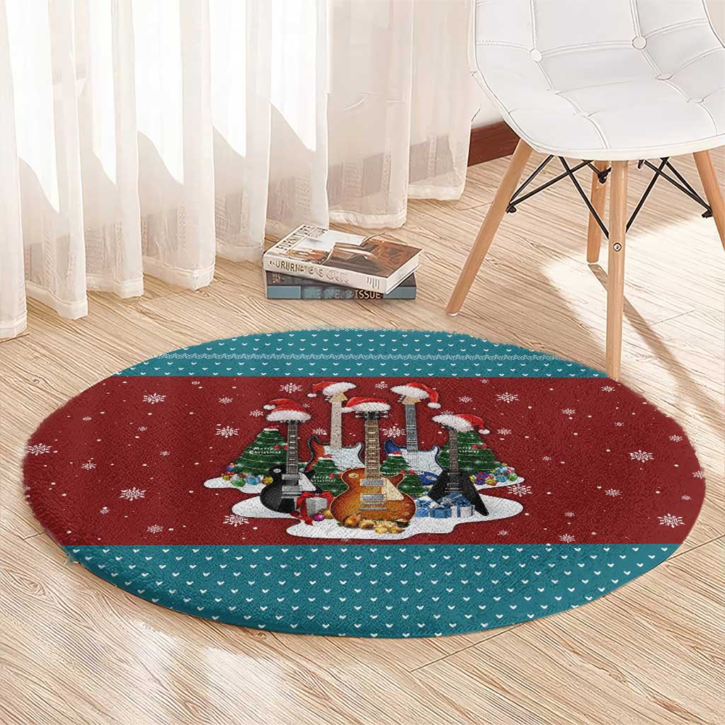 Christmas Guitar Round Carpet with Santa Hats Trees Snowflakes and Musical Pattern - Wonder Print Shop