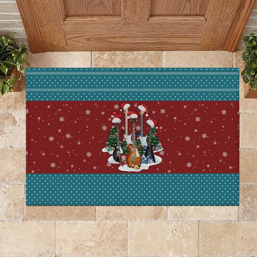 Christmas Guitar Rubber Doormat with Santa Hats Trees Snowflakes and Musical Pattern - Wonder Print Shop