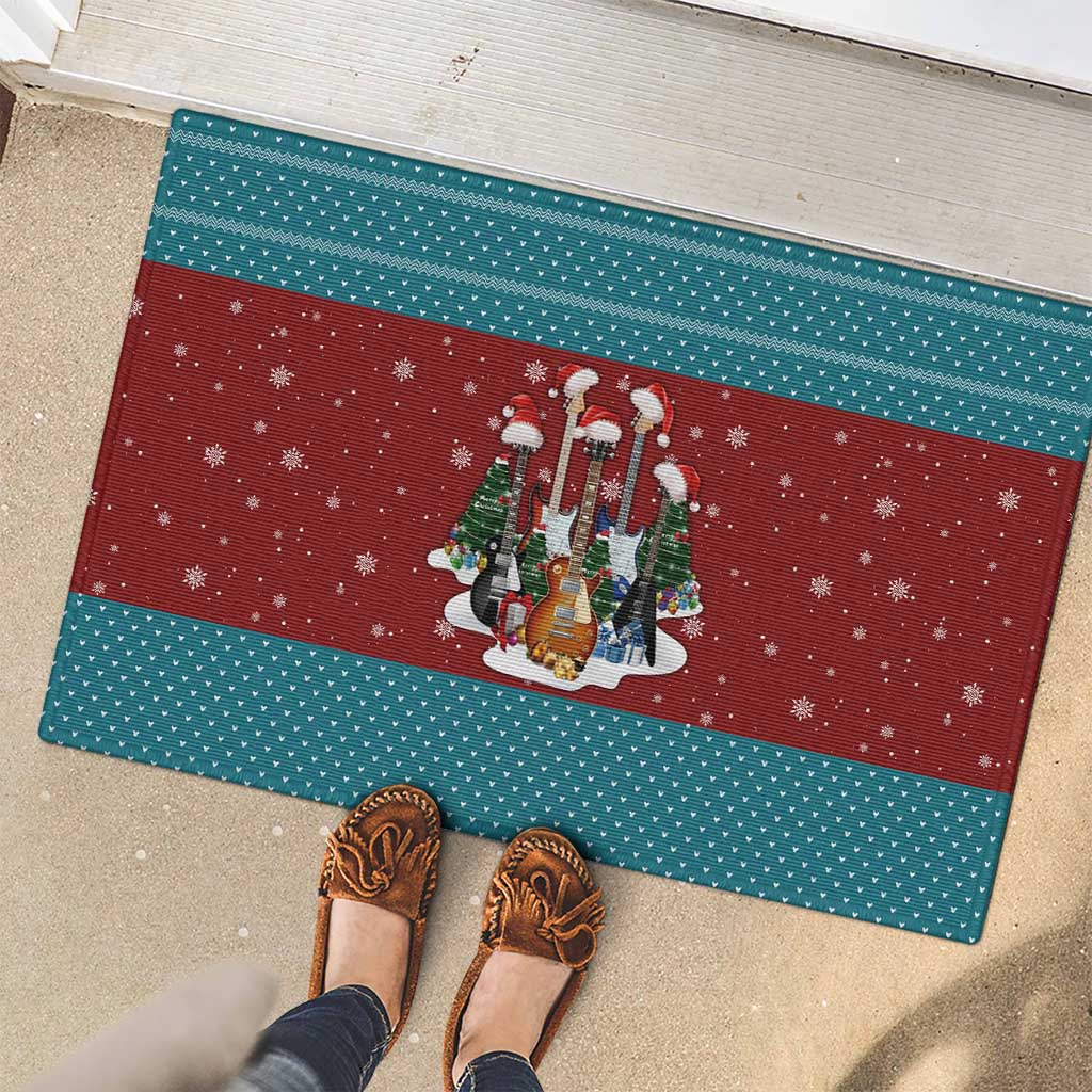 Christmas Guitar Rubber Doormat with Santa Hats Trees Snowflakes and Musical Pattern - Wonder Print Shop